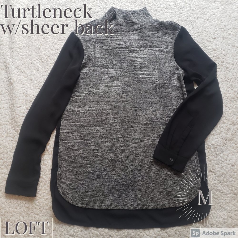 LOFT Sheer Mock Neck Gray & Black Sweater M